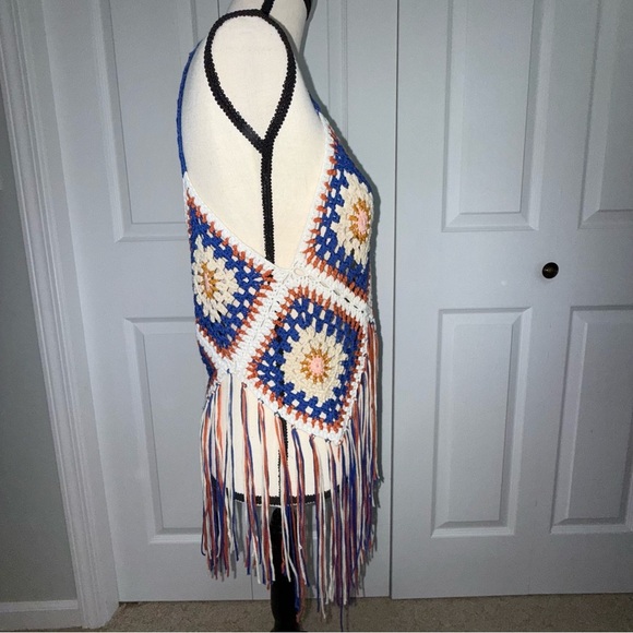 Rebellion Bohemian Hippie Crochet Fringe Dress - Blue, Orange, Cream Large - Picture 2 of 8